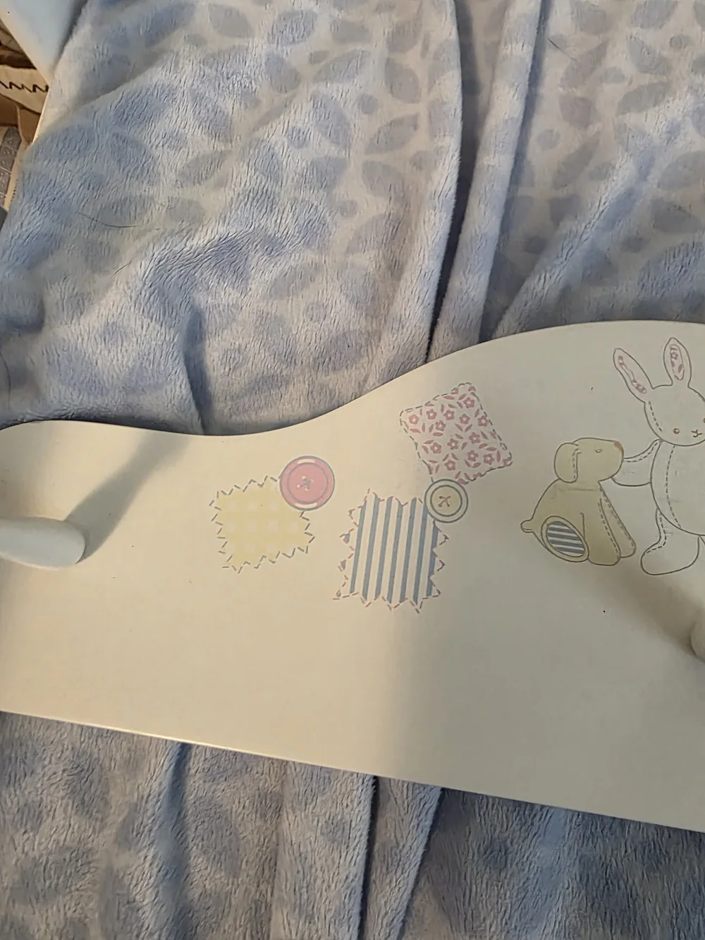 White Vintage Nursery Wall Hook Rack with Pastel Animal and Patchwork Design